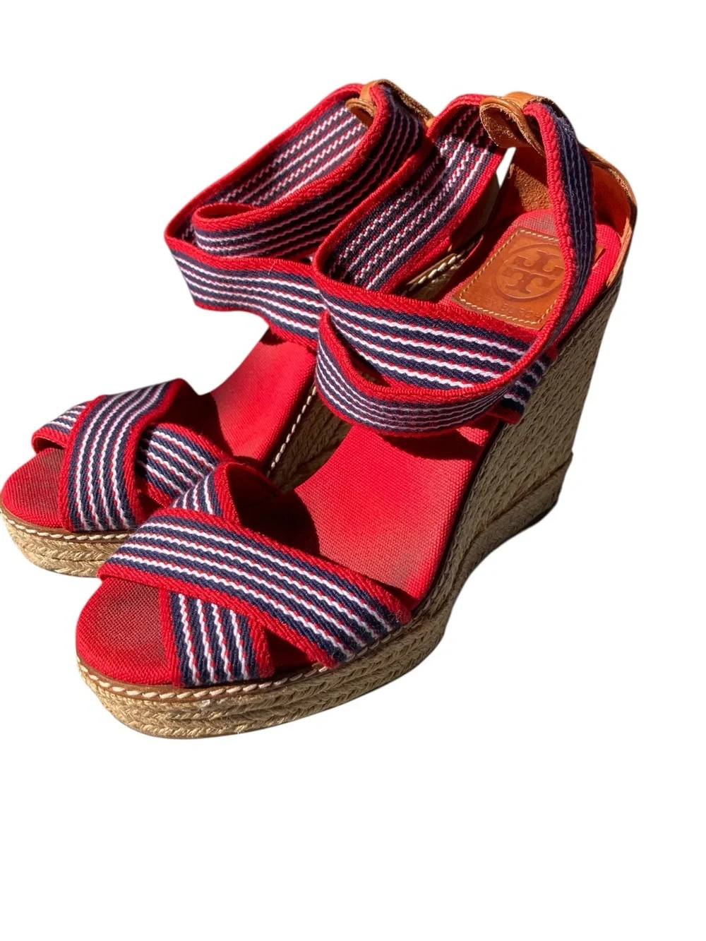 Tory Burch Red Navy Stripe Espadrille Wedge Sandals Size 8 Nautical Americana